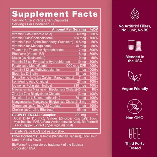 Vista 5 de Glow Vitaminas prenatales + folato & DHA – Multivitamínico para nutrir el embarazo, para bebés y mamá saludables – Ácido fólico, jengibre, zinc