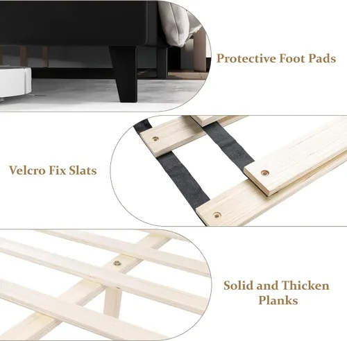 Vista 5 de Base de cama tamaño Queen, plataforma tapizada con cabecera de ala y diseño capitoné de botones, soporte de listones de madera, fácil montaje,