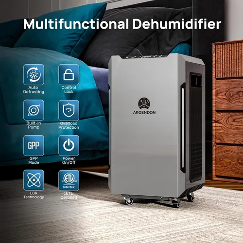 Vista 6 de ARGENDON Deshumidificador Energy Star de 70 PPD para sótano, deshumidificador comercial con bomba y manguera de drenaje, control de humedad