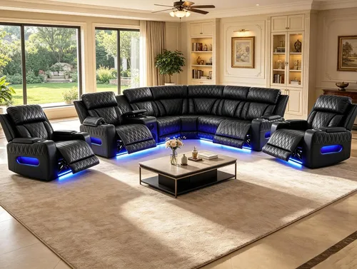 Vista 25 de Juego de sofá seccional reclinable de cuero, sofá seccional con 4 sillones reclinables