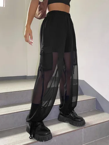 Vista 4 de WDIRARA Pantalones cargo de gasa con cintura elástica lateral y cordón para mujer