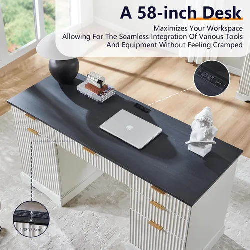 Vista 4 de JXQTLINGMU Escritorio ejecutivo moderno de 58 pulgadas con almacenamiento, escritorio de madera para oficina en casa con 5 cajones y 1 gabinete
