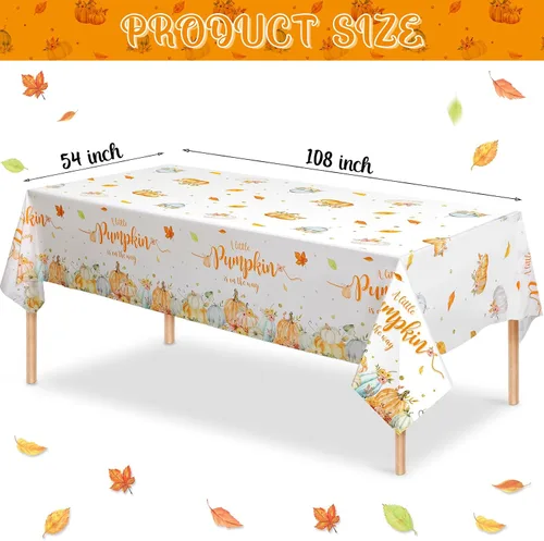 Vista 2 de WovWeave Paquete de 3 manteles de calabaza pequeña para decoración de fiesta de baby shower de otoño para niños y niñas, fundas de mesa para Acción
