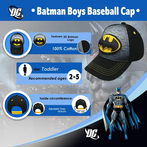 Vista 3 de DC Comics Batman - Gorra de béisbol 3D negra para niños de 2 a 5 años, Amarillo