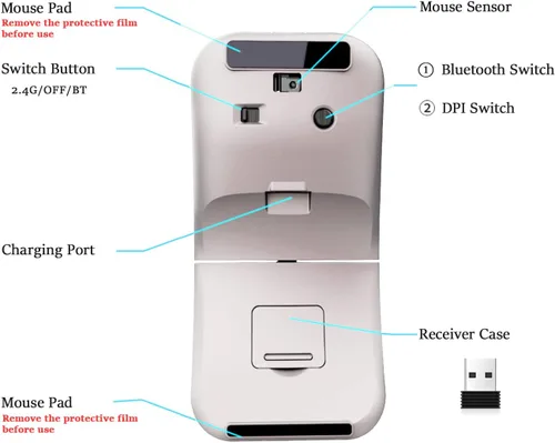 Vista 4 de Ratón de arco inalámbrico Bluetooth, modelo dual (2.4 G + BT5.1), mouse plegable giratorio para Microsoft, ratones portátiles recargables
