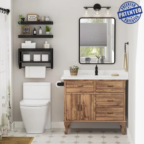Vista 2 de Estantes flotantes de baño QEEIG para pared - Estante sobre inodoro para almacenamiento de papel higiénico estilo granja 40.6 cm, juego de 3, negro