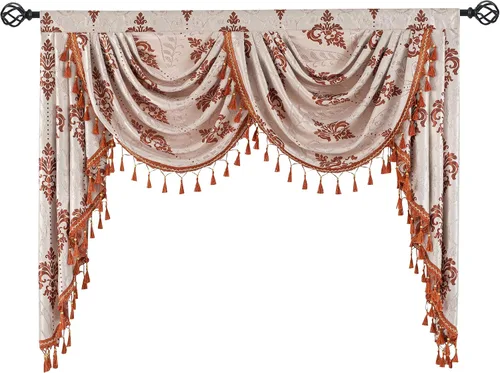 Vista 14 de Cenefa de cascada de damasco jacquard, aguamarina, 39 pulgadas de ancho, 1 panel Damask Waterfall Valance, Rod Pocket with Tassels Valance, For