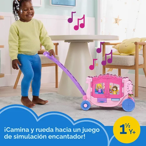Vista 2 de Fisher-Price Little People Juego de juguetes para niños pequeños Disney Princess Carrito musical tirable con figuras para juego de rol para niños