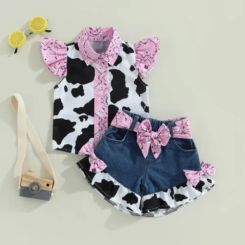 Vista 3 de Emmababy Trajes de mezclilla occidentales para niñas pequeñas, con volantes, sin mangas, con estampado de vaca, con botones, con cinturón