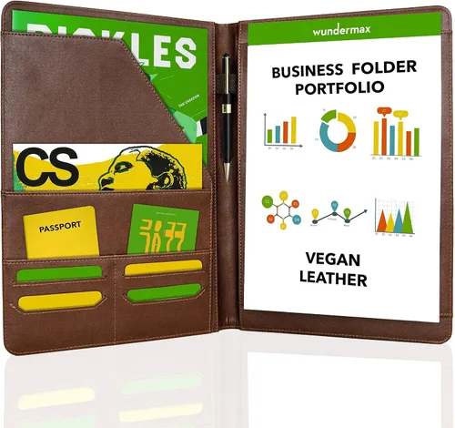 Vista 6 de Wundermax Cartera de piel sintética vegana con cremallera, organizador de cuaderno de negocios para currículum - Padfolio para hombres y mujeres