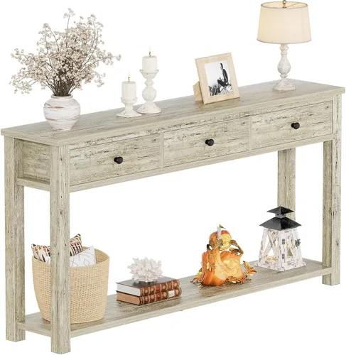 Vista 13 de Homieasy Mesa consola de granja con 3 cajones, mesa de sofá de madera de 47 pulgadas con estante de almacenamiento para sala de estar, detrás