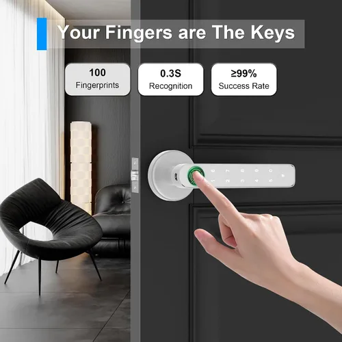 Vista 4 de Pomo de puerta con huella dactilar, Cerradura de puerta con huella dactilar con teclados, tarjeta llavero, Bluetooth, llave, cerradura inteligente