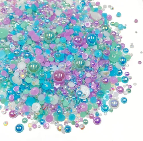 Vista 12 de Diamantes de imitación de resina mixta de 3.53 oz con parte trasera plana, perlas semicirculares, tamaños mixtos de 0.116 a 0.394 pulgadas