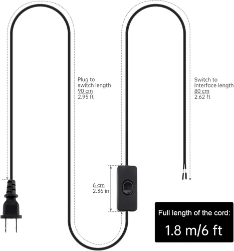 Vista 2 de RTNLIT Cable de lámpara de 6 pies con interruptor de botón de encendido/apagado y enchufe polarizado, extremos pelados listos para cableado, cable