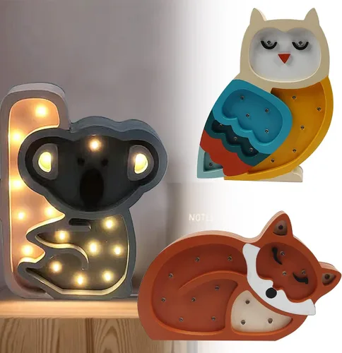 Vista 5 de Luz de noche LED decorativa para niños, decoración de guardería de bebé, lindo zorro lámpara de mesa de madera, letrero de animal, adorno