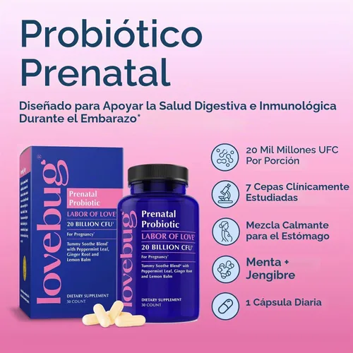 Vista 2 de LOVEBUG Probiótico prenatal Ayuda con las náuseas, la acidez estomacal y la digestión Ayuda al microbioma del bebé Variedad múltiple de 20 mil