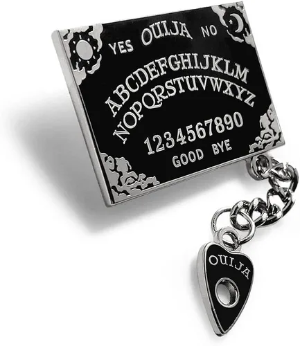 Vista 4 de Pinsanity Tablero Ouija negro con pin de solapa esmaltada con dije de planchette, Esmalte, Sin gemas.