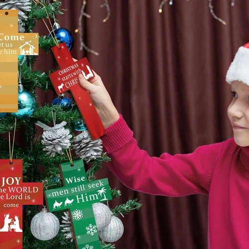 Vista 5 de Poen 24 adornos colgantes de cruz de madera con cuerdas, adorno de Navidad a granel para árbol de Navidad, decoración de cumpleaños, boda, fiesta