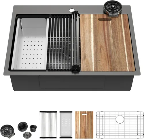Vista 32 de Kichae Fregadero de barra negro de 15 x 15 pulgadas, pequeño montado en la parte superior, acero inoxidable, repisa de un solo cuenco, estación