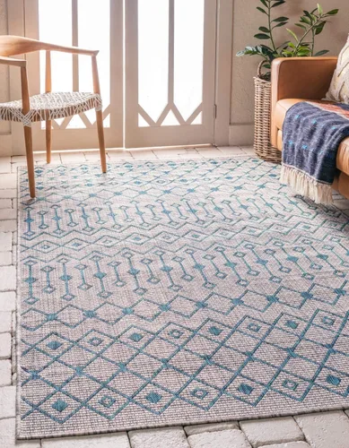 Vista 6 de Unique Loom Outdoor Trellis Collection - Alfombra de área con diseño de enrejado tribal (2 pies 2 pulgadas x 3 pies 1 pulgada, ovalada, azul/marfil)