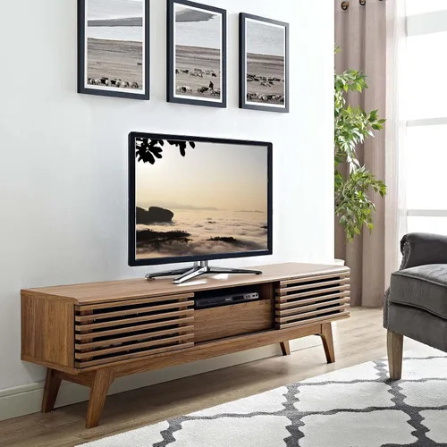 Vista 7 de Mueble para televisor de 59 pulgadas Modway, de estilo moderno de mediados de siglo con perfil bajo, color nogal