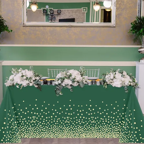 Vista 2 de Set de mantel y camino de mesa de lentejuelas Tudomro, 54 x 108 pulgadas con lunares y confeti, mantel de plástico brillante para fiestas de Verde
