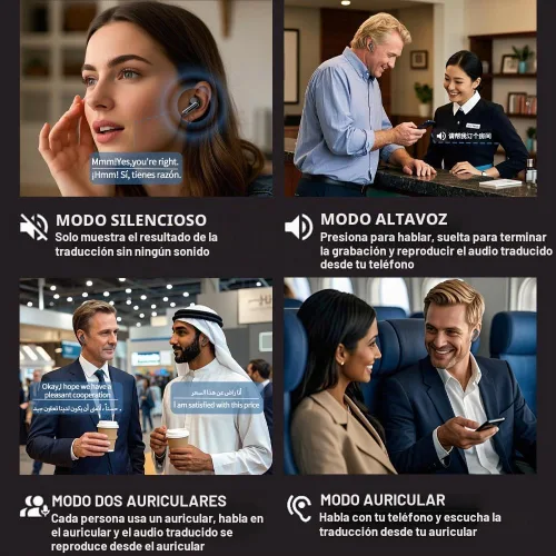 Vista 2 de Auriculares con traductor de idiomas AI, 3 en 1 en tiempo real con 144 idiomas y acentos, dispositivo de traducción y batería de larga duración