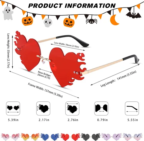 Vista 6 de Pro Acme Gafas de sol rojas con llama goteante para mujeres y hombres, con tonos de corazón, disfraz de Halloween, gafas de fiesta sin montura