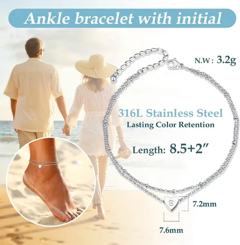 Vista 6 de ChainsProMax Tobillera de corazón elegante, cadena de pie de playa de verano para mujer, pulsera de tobillo inicial de la A a la Z, ajustable