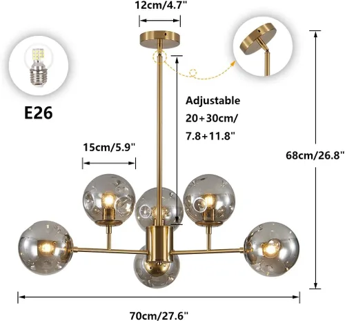 Vista 2 de BOKT Lámpara colgante moderna de mediados de siglo con 6 luces, lámpara colgante de globo de latón cepillado, lámpara Sputnik grande de globo