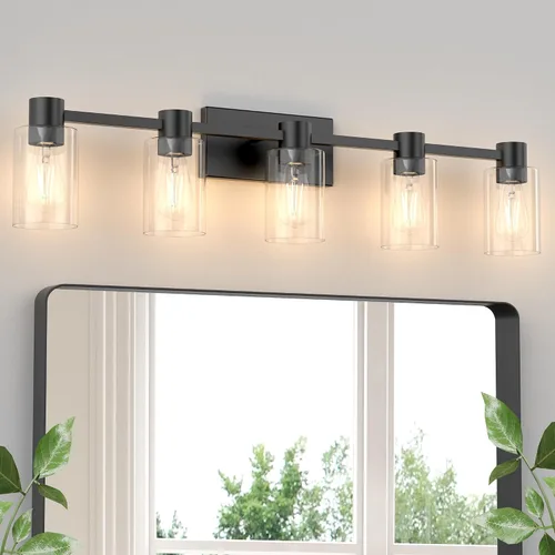 Vista 15 de Lámparas de tocador modernas de 4 luces sobre el espejo, lámparas de baño negro mate, luces de tocador, aplique de pared con pantalla de vidrio