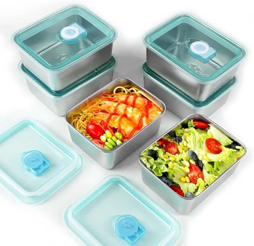 Vista 2 de 6 recipientes de alimentos de acero inoxidable 304 con tapas, apilables, contenedores para aperitivos para oficina y hogar