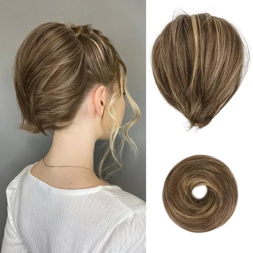 Vista 30 de BARSDAR Extensiones de Moño de Cabello Liso - Extensiones de Moño de Cola de Caballo Corta y Lisa para Mujeres, Coleteros de Moño de Cabello