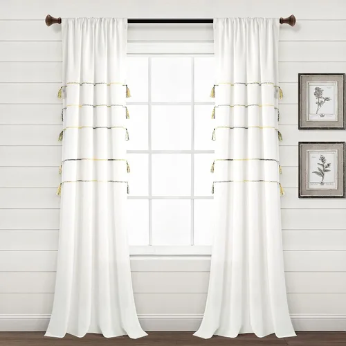 Vista 8 de Lush Decor Cortinas de ventana de mezcla de algodón teñido con borlas, estilo bohemio, estilo bohemio, a rayas, 42 pulgadas de ancho x 84 pulgadas