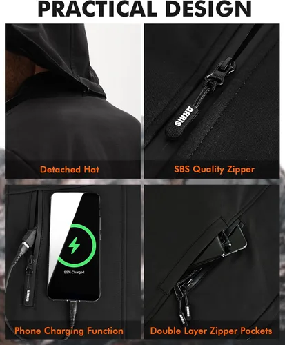 Vista 4 de ARRIS Chaqueta térmica para mujer, impermeable, con batería de 7,4 V y capucha desmontable, 8 zonas de calefacción
