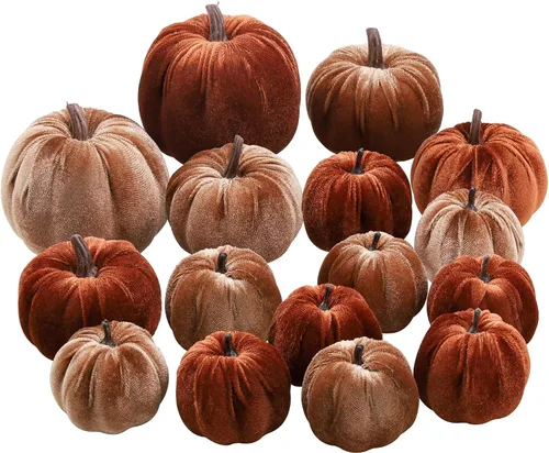 Vista 12 de Woration 16 piezas de terciopelo de tamaño surtido de calabaza artificial decoración de tela envuelta en otoño cosecha calabaza otoño mesa centro