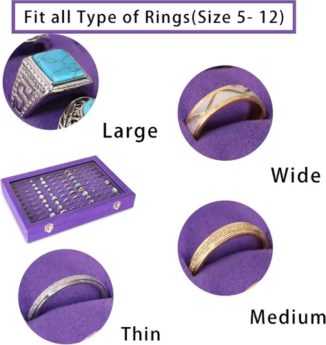 Vista 3 de Frebeauty Bandeja organizadora de anillos con 100 ranuras para anillos con tapa transparente, caja de almacenamiento de anillos de terciopelo