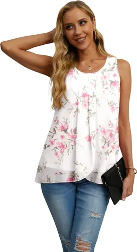 Vista 2 de IWOLLENCE Camiseta sin mangas de gasa para mujer, de verano, de doble capa, holgada, cuello redondo, estilo casual