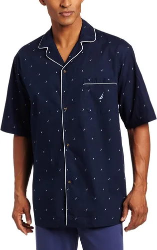 Vista 6 de Nautica Men's Short Sleeve 100% Cotton Soft Woven Button Down Pajama Top Azul