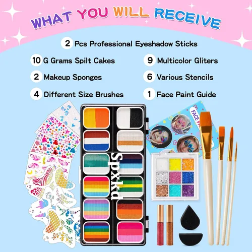 Vista 3 de Kit de pintura facial para niños y adultos, 12 x 10 gm, paleta de pintura facial con 9 brillos, 2 palitos de sombra de ojos, 2 esponjas y 6