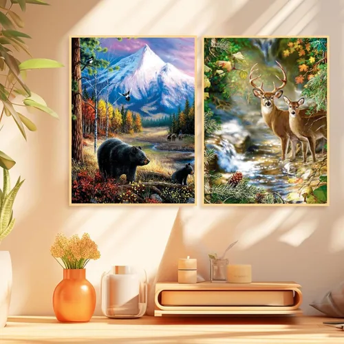 Vista 2 de Mowana Kits de arte de diamantes para adultos, paquete de 2 kits de pintura de diamantes de vida silvestre 5D sobre lienzo, paisaje de bosque
