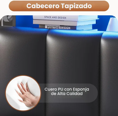 Vista 9 de AOGLLATI - Bastidor de cama tamaño completo con elegante cabecero tipo estantería y estación de carga y luces LED, bastidor de cama tamaño completo