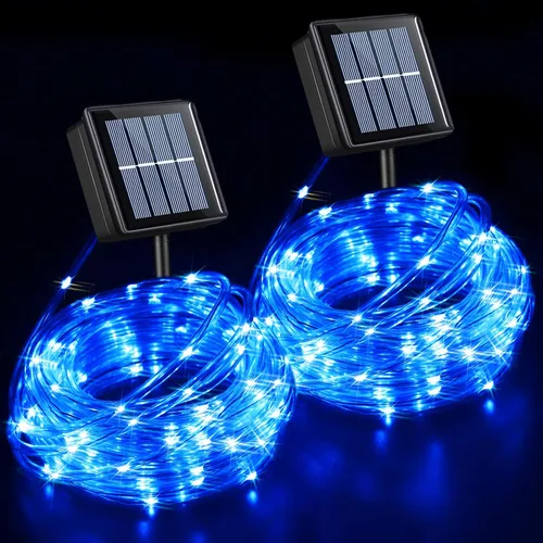 Vista 13 de QITONG Paquete de 2 luces solares verdes, cada cadena de 100 luces LED de 33 pies para exteriores, 8 modos de luces de hadas en tubo de PVC