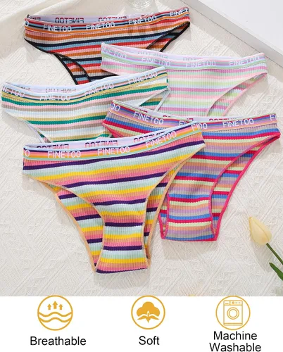 Vista 3 de FINETOO Ropa interior de algodón para mujer, de corte alto, transpirable, elástica, sexy, hipster, paquete de bragas de bikini a la moda, S-XL
