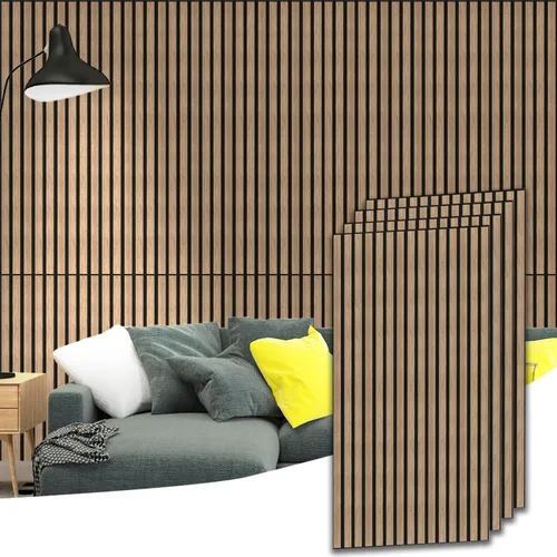 Vista 8 de 4 piezas de paneles acústicos de listones de madera, panel de pared de madera acanalada 3D absorbente de sonido para pared y techo, paneles Nogal
