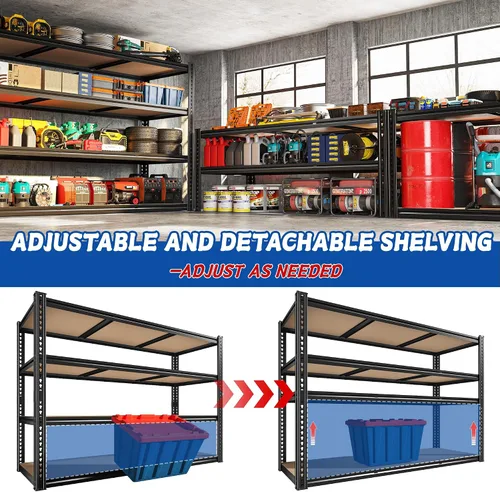 Vista 5 de ROOMFAVE Estantería de metal para garaje de 60 pulgadas de ancho, estantes de almacenamiento de 2800 libras, estantería ajustable de 4 niveles