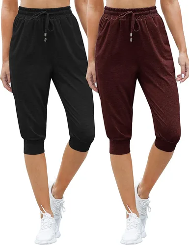 Vista 2 de Syhood Paquete de 2 pantalones deportivos capri para mujer, con cordón, pantalones capri casuales recortados con bolsillos
