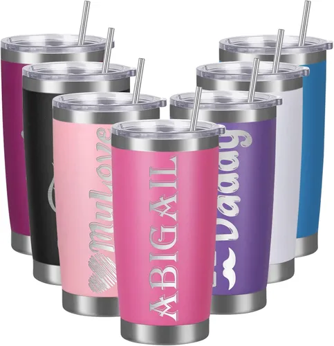 Vista 12 de Vasos personalizados con tapas y pajitas, vasos de acero inoxidable grabados con láser personalizados de 20 onzas con nombre y texto, taza de café