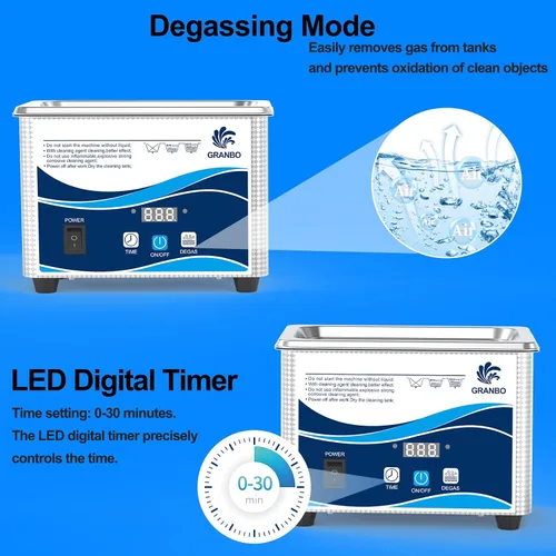 Vista 5 de Limpiador ultrasónico Granbo de 800 ml, máquina ultrasónica limpiadora de joyas 40 kHz con temporizador digital y desgasificación, limpiador