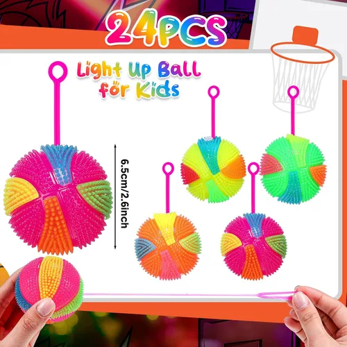 Vista 2 de Wettarn Paquete de 24 bolas de punta iluminadas para niños de 2.6 pulgadas con luces LED, bolas hinchables a granel, bolas sensoriales intermitentes